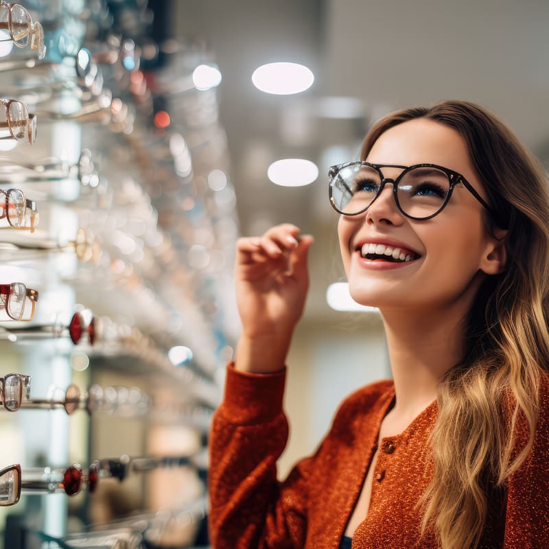 Woman trying on eyeglasses at an optical store